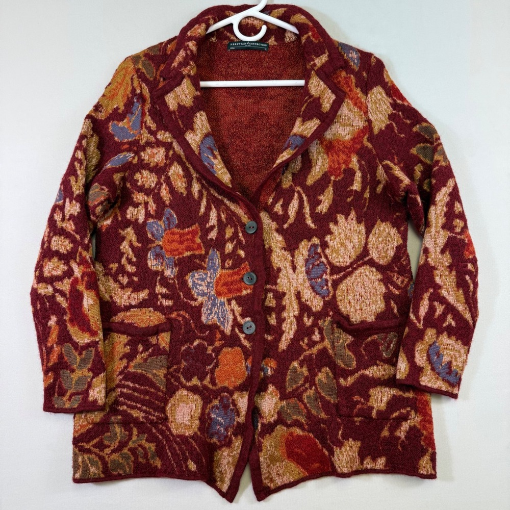 Peruvian Connection Cardigan Womens XL Burgundy Floral Alpaca Cotton Wool Jacket